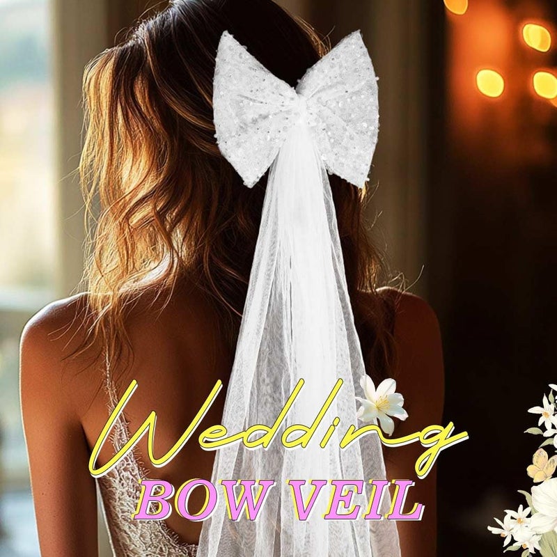 JONKY Light up Bow Wedding Veil Bridal White Sequin Bachelorette Party Hair Clip for Women(Style5) - Image 3
